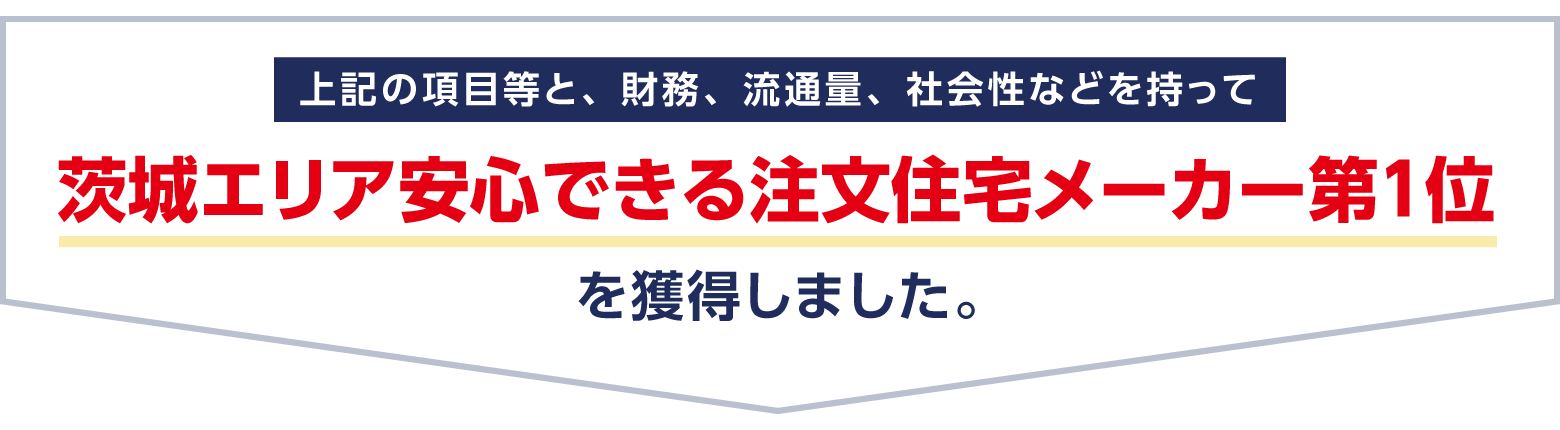 上記の項目等と、財務、流通量、社会性などを持って茨城エリア安心できる注文住宅メーカー第１位を獲得しました。